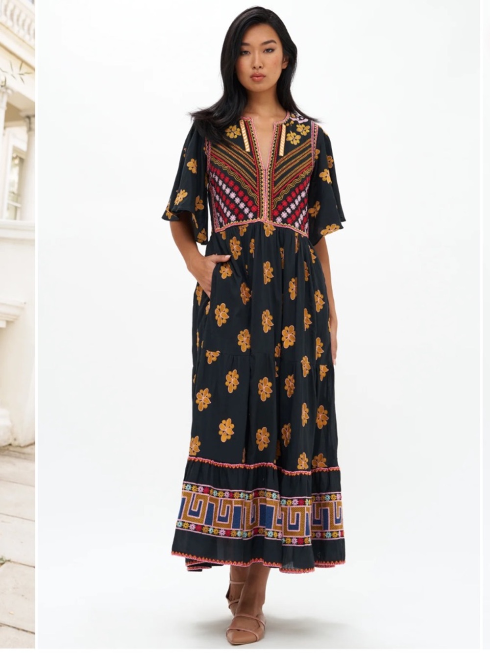 Oliphant Black Maxi Dress with Mustard Floral & Multicolor Embroidery - Picture 5 of 15